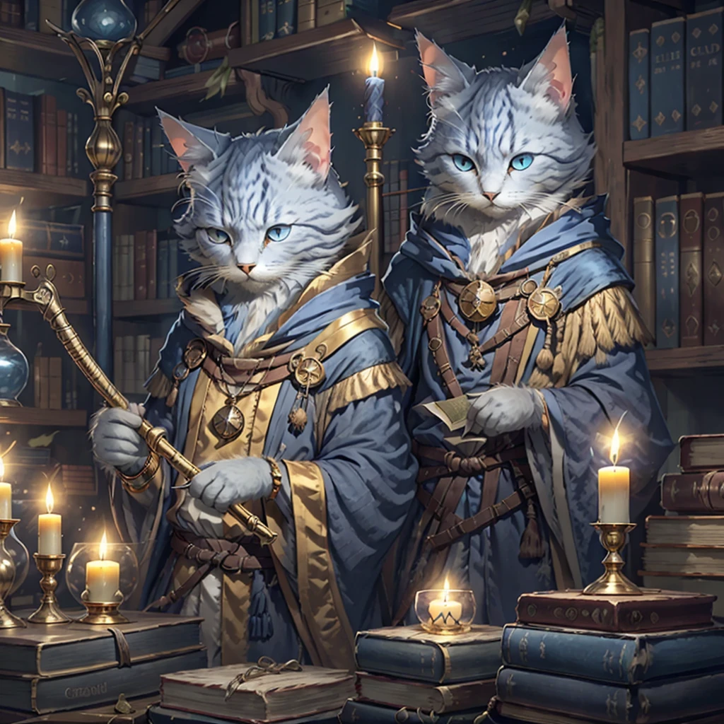 Grey cat, solo, 1male, blue eyes, short hair, short ears, blue wizard robes, gold wrist bands, holding a gold staff, library, candle light, potions on table