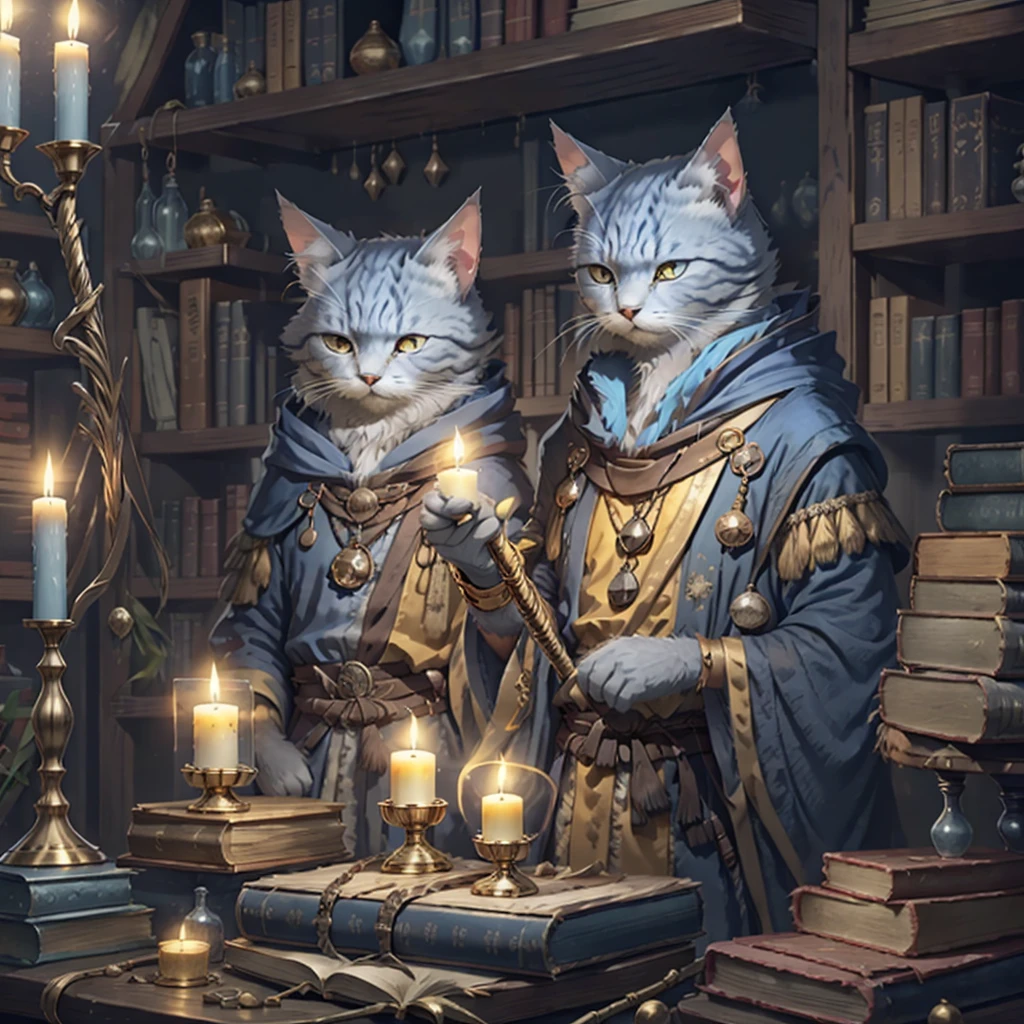 Grey cat, solo, 1male, blue eyes, short hair, short ears, blue wizard robes, gold wrist bands, holding a gold staff, library, candle light, potions on table