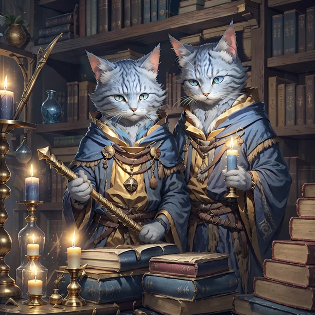Grey cat, solo, 1male, blue eyes, short hair, short ears, blue wizard robes, gold wrist bands, holding a gold staff, library, candle light, potions on table