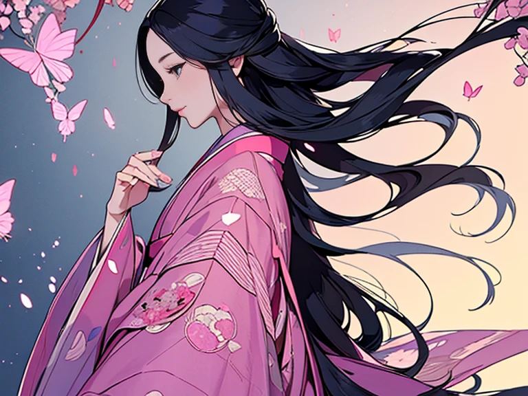 Twelve-layered kimono,(masterpiece, Highest quality, Highest quality,aesthetics:1.2),From the side,Ezvian everywhere,1300 years ago,Japan_Heian period,Noble,1Beautiful Princess,Beautiful Skin,(Straight hair Long, beautiful black hair wealthy),Beautiful round eyes,(kimono Gentle pink color The beauty of layered colors),Silk luster,Layered Color,Wide sleeves,The hem of the hakama is long,dream-like,elegant,Highest quality,Beautiful graphics, Super detailed,butterfly,Fresh,Minimal background,Transparent robe images,Detailed CG、