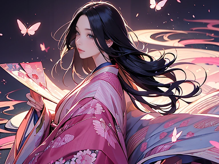 Twelve-layered kimono,(masterpiece, Highest quality, Highest quality,aesthetics:1.2),From the side,Ezvian everywhere,1300 years ago,Japan_Heian period,Noble,1Beautiful Princess,Beautiful Skin,(Straight hair Long, beautiful black hair wealthy),Beautiful round eyes,(kimono Gentle pink color The beauty of layered colors),Silk luster,Layered Color,Wide sleeves,The hem of the hakama is long,dream-like,elegant,Highest quality,Beautiful graphics, Super detailed,butterfly,Fresh,Minimal background,Transparent robe images,Detailed CG、