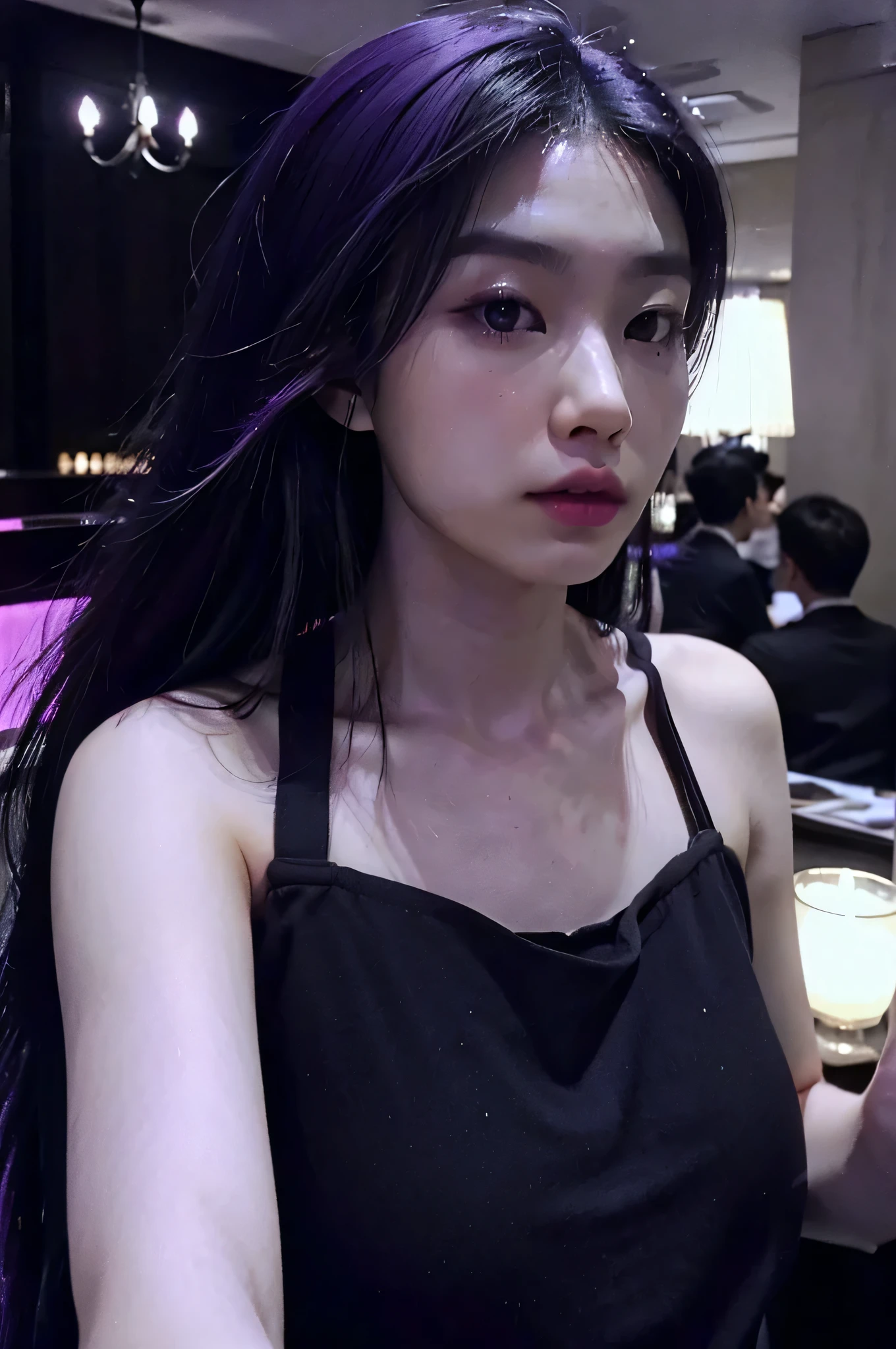 (selfie), realistic photo of a asian girl, ((black and purple hair)), in a luxorious bar, (detailled face feature)