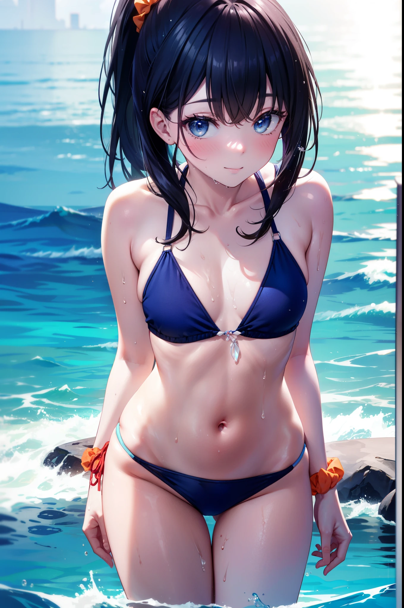 Rikka body, Affluent backstreets, Black Hair, blue eyes, Long Hair, orange Scrunchie, Scrunchie, wrist Scrunchie,smile,blush,ponytail,Red bikini string swimsuit,barefoot,Wet Hair,Wet swimsuit,Wet Hair,Water Play,Daytime,Clear skies,True Summer,True Summer,
break outdoors, Ocean,Beach,
break looking at viewer,whole body, (Cowboy Shot:1.5),
break (masterpiece:1.2), Highest quality, High resolution, unity 8k wallpaper, (shape:0.8), (Beautiful details:1.6), Highly detailed face, Perfect lighting, Extremely detailed CG, (Perfect hands, Perfect Anatomy),