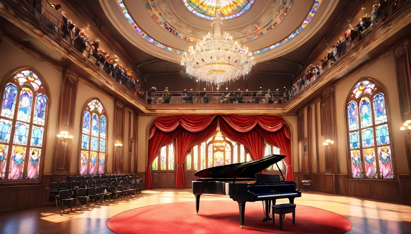 A small and stylish concert hall, anime, (best quality,4k,8k,highres,masterpiece:1.2),ultra-detailed,(realistic,photorealistic,photo-realistic:1.37),HDR,UHD,studio lighting,ultra-fine painting,sharp focus,physically-based rendering,extreme detail description,professional,vivid colors,bokeh,elegant architecture,stained glass windows,ornate decor,chandelier,spotlights,red velvet seats,grand piano,audience members,anime style,cinematic lighting,warm color palette