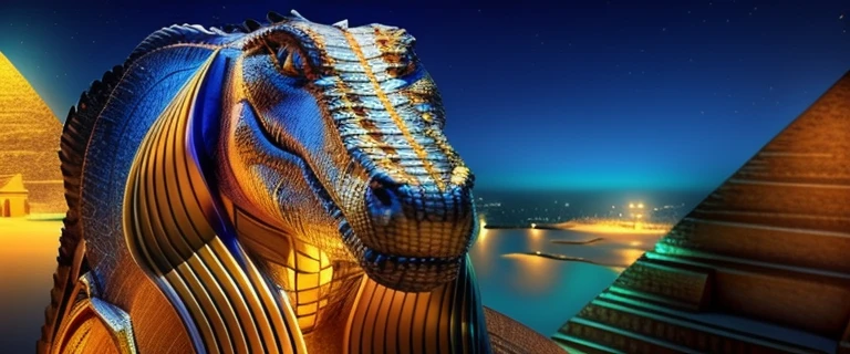 Crocodile goddess next to Egyptian pyramids at night, ultra realistic 2D digital art in Full HD super high quality