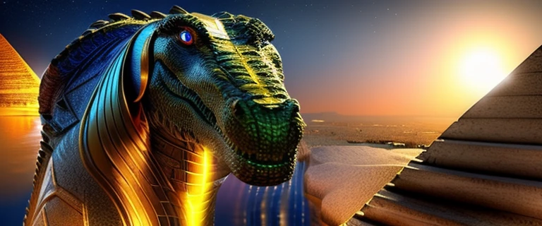 Crocodile goddess next to Egyptian pyramids at night, ultra realistic 2D digital art in Full HD super high quality