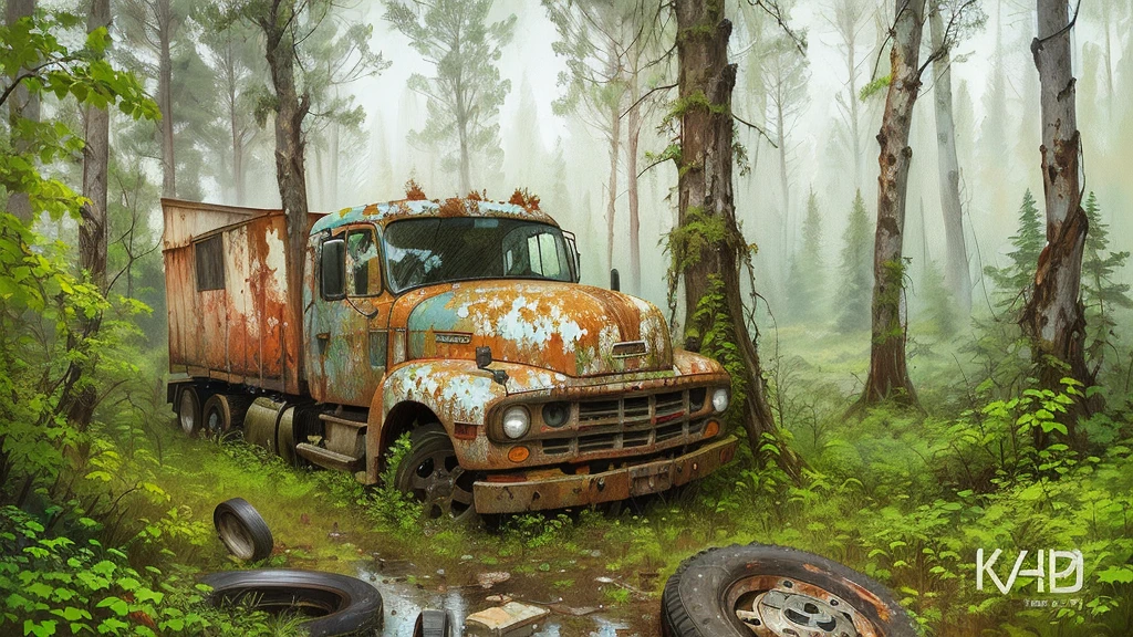 Painting of an old rusty truck in the forest,There are tires, Andrei Gordeev, Vadim Kashin. Surreal, 靈感來自Vadim Kashin, Alexei Egorov, abandoned vehicles, philip hodas art style, forgotten、lost in the forest, Busier Rutkoski Andreas Rocha, Highly detailed digital painting