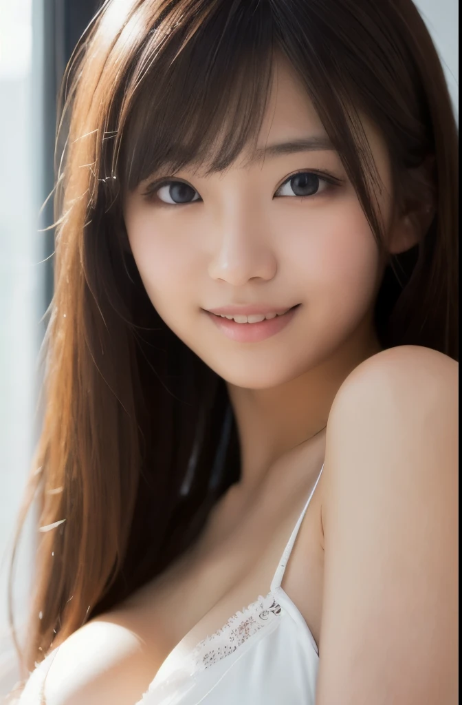 best quality, face focus, soft light, ultra high res, (photorealistic:1.4), RAW photo,(Shinozaki Ai), white skin, kawaii,
1 Japanese girl, solo, cute, (smile), (pupil, lights in the eyes),  detailed beautiful face, busty,(high resolution detail of human skin texture),(long hair),(portrait), upper body, in the bedroom, A white nightgown