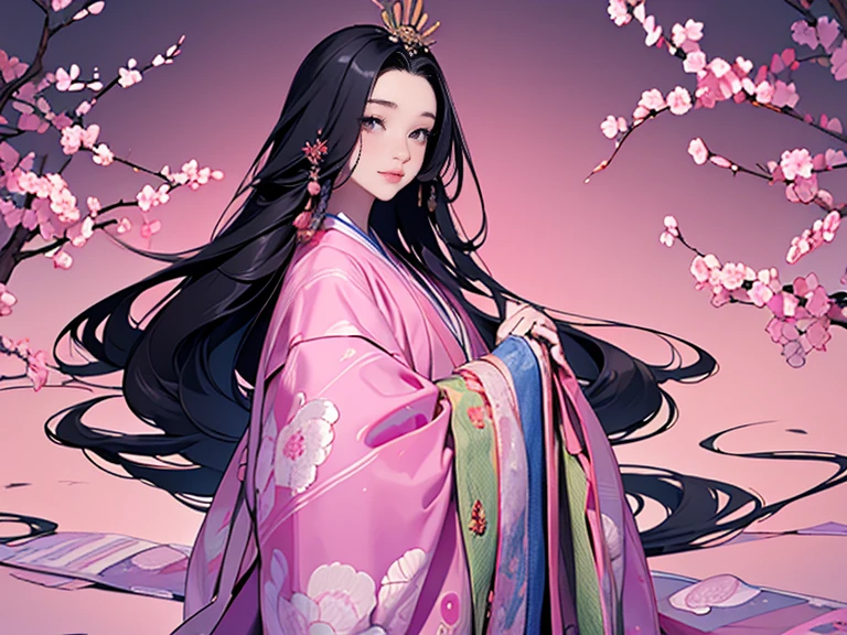 Twelve-layered kimono，(masterpiece, Highest quality, Highest quality，aesthetics:1.2)，From the side，Ezvian everywhere，1300 years ago，Japan_Heian period，Noble，１Beautiful Princess，Beautiful Skin，(Straight hair　Long, beautiful black hair　wealthy)，Beautiful round eyes，(kimono　Gentle pink color　The beauty of layered colors)，Silk luster，Layered Color，Wide sleeves，The hem of the hakama is long，dream-like，elegant，Highest quality，Beautiful graphics, Super detailed，butterfly，Fresh，Minimal background，Transparent robe images，Detailed CG、