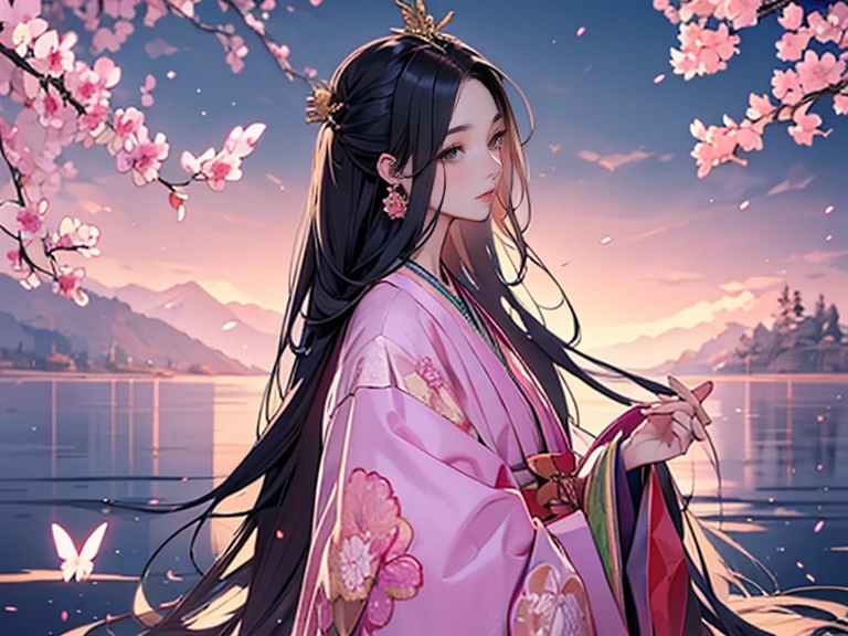 Twelve-layered kimono，(masterpiece, Highest quality, Highest quality，aesthetics:1.2)，From the side，Ezvian everywhere，1300 years ago，Japan_Heian period，Noble，１Beautiful Princess，Beautiful Skin，(Straight hair　Long, beautiful black hair　wealthy)，Beautiful round eyes，(kimono　Gentle pink color　The beauty of layered colors)，Silk luster，Layered Color，Wide sleeves，The hem of the hakama is long，dream-like，elegant，Highest quality，Beautiful graphics, Super detailed，butterfly，Fresh，Minimal background，Transparent robe images，Detailed CG、