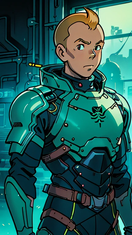 (Teens:1male: Tintin), (extremely detailed CG unit 8k wallpaper),(master part), (best quality), (ultra detail), (best illustration),(CyberskullAI
armor), cowboy shot, (Sharp eyeliner, ombre, detailed eyes:1), dark neon light cyberpunk indoors background, ,break , (ghibli style), upper body