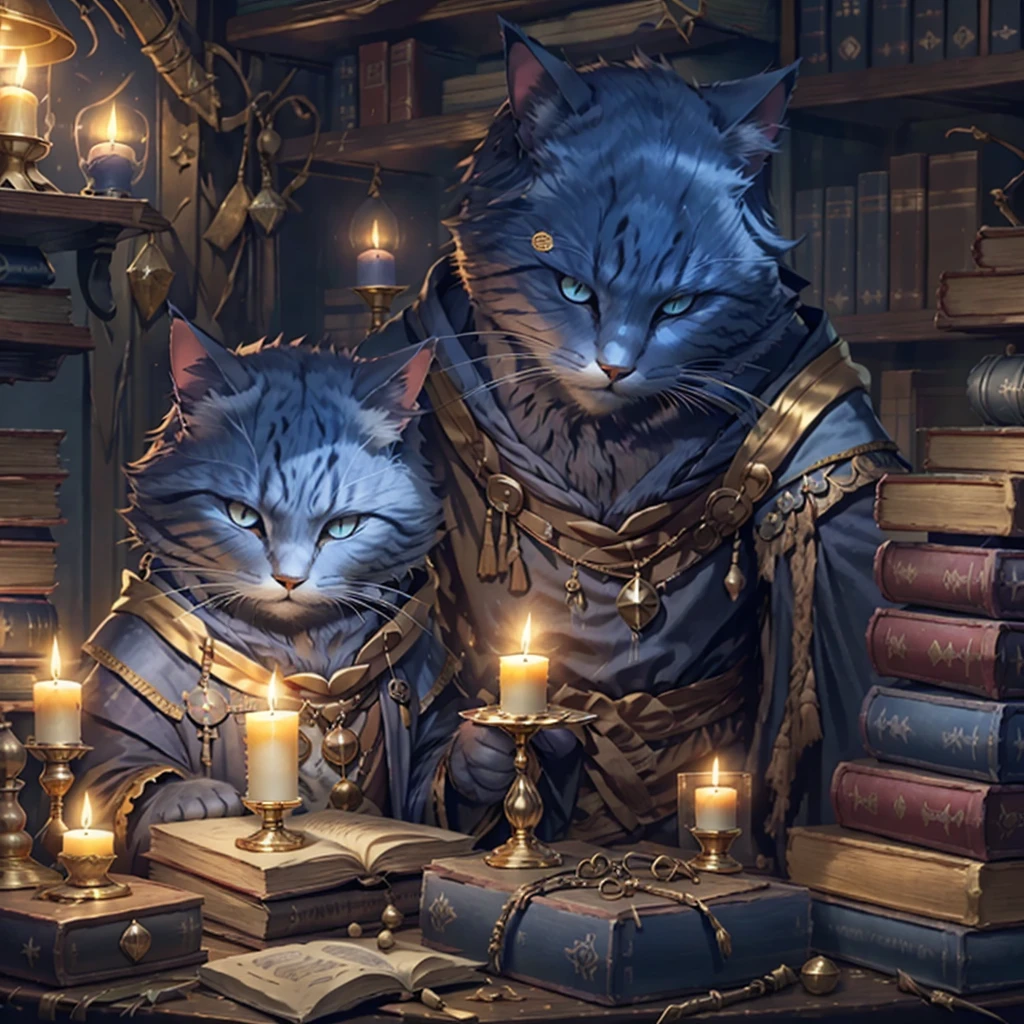 Dark Grey cat, solo, 1male,  dark blue eyes, short hair, short ears, blue wizard robes, gold wrist bands, holding a gold staff, library, candle light, potions on table