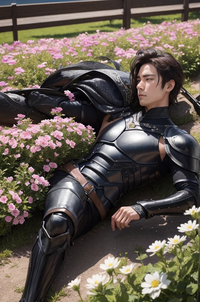 charachter, realisitic, gentleman complete with black armor and in a landscape of flowers, his position is lying down looking at you with a shaken face.