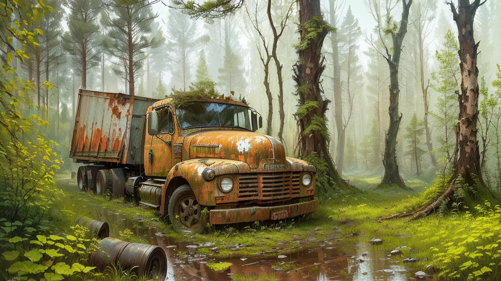 Painting of an old rusty truck in the forest，There are tires, Andrei Gordeev, Vadim Kashin. Surreal, 靈感來自Vadim Kashin, Alexei Egorov, abandoned vehicles, philip hodas art style, forgotten、lost in the forest, Busier Rutkoski Andreas Rocha, Highly detailed digital painting