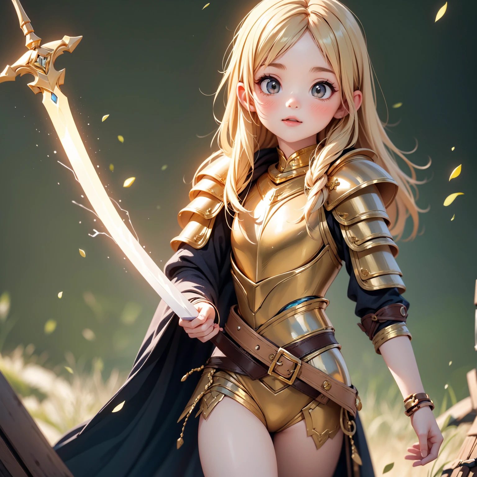 Ultra Realistic Girl，8-year-old, Very short stature，Long blonde hair, gold knight armor, Flat Chest, gold lightning sword, gold lightning，sexy, 