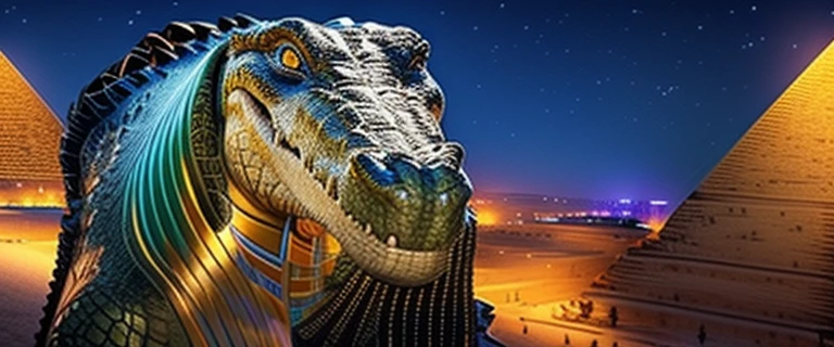Crocodile goddess next to Egyptian pyramids at night, ultra realistic 2D digital art in Full HD super high quality