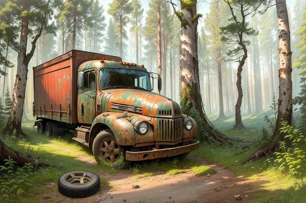 Painting of an old rusty truck in the forest，There are tires, Andrei Gordeev, Vadim Kashin. Surreal, 靈感來自Vadim Kashin, Alexei Egorov, abandoned vehicles, philip hodas art style, forgotten、lost in the forest, Busier Rutkoski Andreas Rocha, Highly detailed digital painting