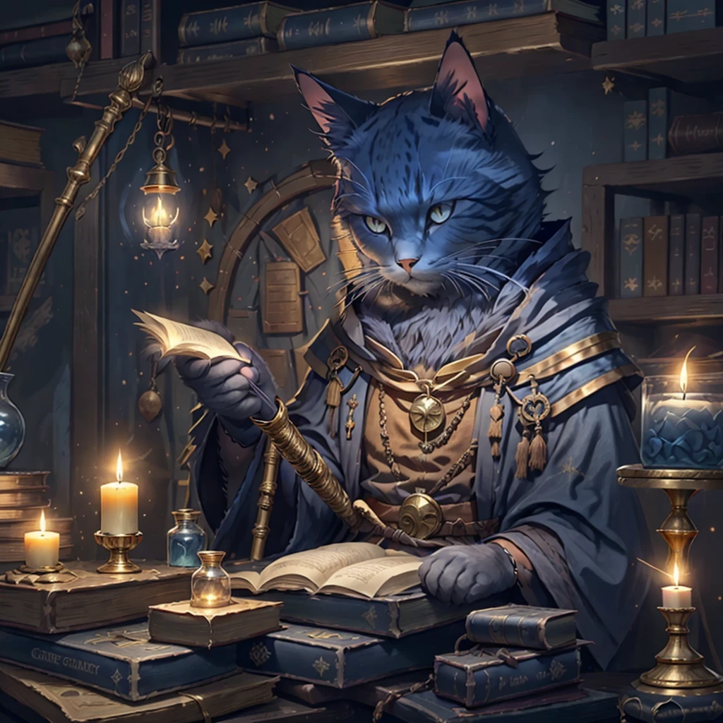 Dark Grey cat, solo, dark blue eyes, short hair, short ears, blue wizard robes, gold wrist bands, holding a gold staff, library, candle light, potions on table