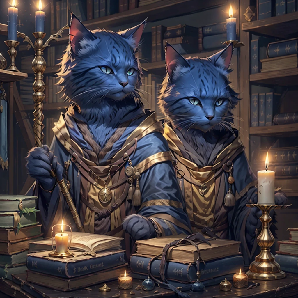 Dark Grey cat, solo, dark blue eyes, short hair, short ears, blue wizard robes, gold wrist bands, holding a gold staff, library, candle light, potions on table
