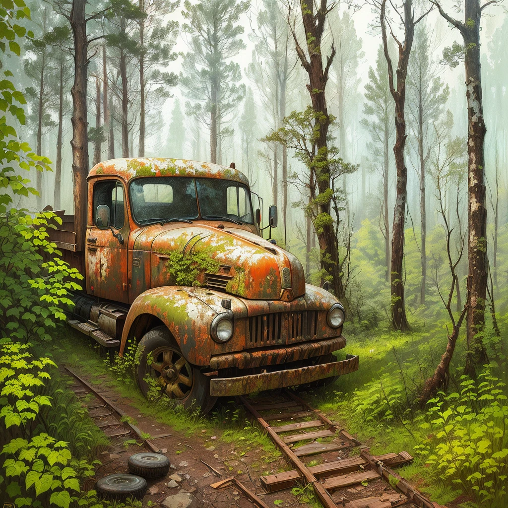 Painting of an old rusty truck in the forest,There are tires, Andrei Gordeev, Vadim Kashin. Surreal, 靈感來自Vadim Kashin, Alexei Egorov, abandoned vehicles, philip hodas art style, forgotten、lost in the forest, Busier Rutkoski Andreas Rocha, Highly detailed digital painting