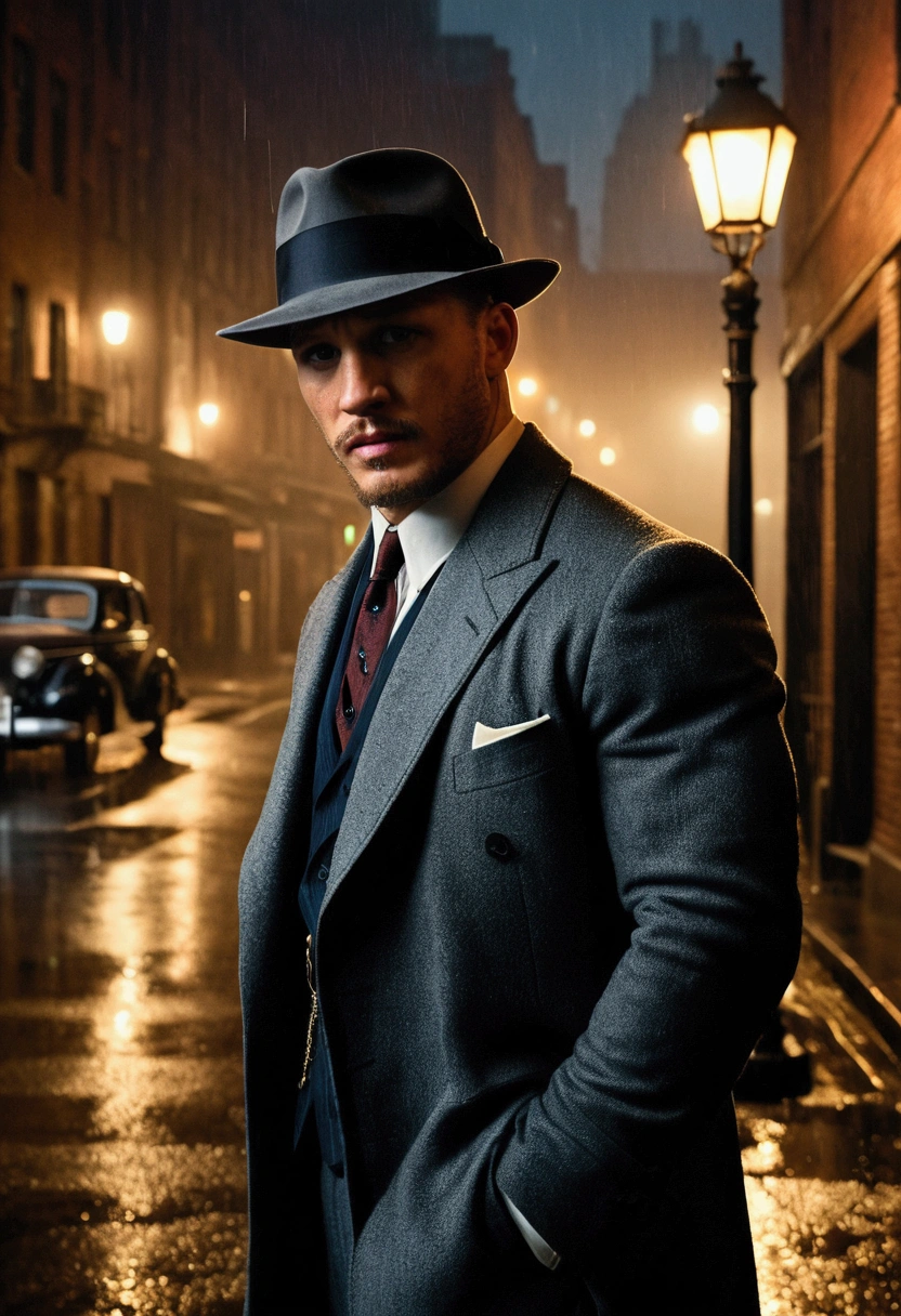 Create a cinematic photo of Tom Hardy set against a moody, rain-soaked street in a bustling city of the 1940s. The scene unfolds under the dim glow of an old-fashioned street lamp, its warm light casting a soft halo through the rain and fog. Tom Hardy, embodying the essence of a classic film noir protagonist, stands with an air of understated intensity and mystery.He is dressed in a sharp, dark suit with a perfectly tailored cut that reflects the elegant yet gritty style of the era. His suit, a deep charcoal or midnight blue, contrasts with the glistening rain, highlighting its refined texture and the fine details of the fabric. The fedora, perched at a rakish angle, shields his face while adding a touch of vintage sophistication. Rain cascades down his face and hat, creating a glistening effect that enhances the atmosphere of the scene. Tom Hardy’s expression is one of deep contemplation, his gaze intense and searching, as if he’s unraveling a complex mystery. He holds an unlit cigar between his fingers, adding a sense of classic noir drama. The cigar's presence, though unlit, hints at a backstory of intrigue and contemplation. The urban backdrop features a labyrinth of brick buildings, their facades weathered and worn by time. Low-lying fog creeps along the cobblestone streets, partially obscuring the details of the buildings and adding to the sense of enigma and isolation. The photo captures the rain-slicked surface of the street, reflecting the glow of the street lamp and the diffuse light of the city, creating a glimmering pattern that adds to the scene's atmosphereCaptured with a Canon EOS 5D Mark IV camera using a 50mm f/ 1.4 lens, the photo showcases a vintage look with a subtle grainy effect. This effect not only enhances the classic film noir aesthetic but also emphasizes the gritty, timeless quality of the setting. The shallow depth of field provides a sharp focus on Tom Hardy, while the background softly blurs.