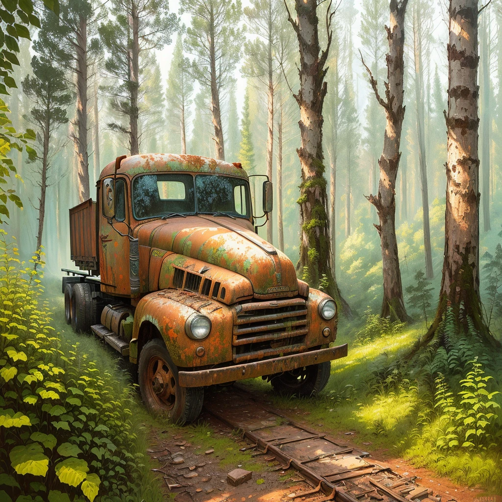 Painting of an old rusty truck in the forest,There are tires, Andrei Gordeev, Vadim Kashin. Surreal, 靈感來自Vadim Kashin, Alexei Egorov, abandoned vehicles, philip hodas art style, forgotten、lost in the forest, Busier Rutkoski Andreas Rocha, Highly detailed digital painting