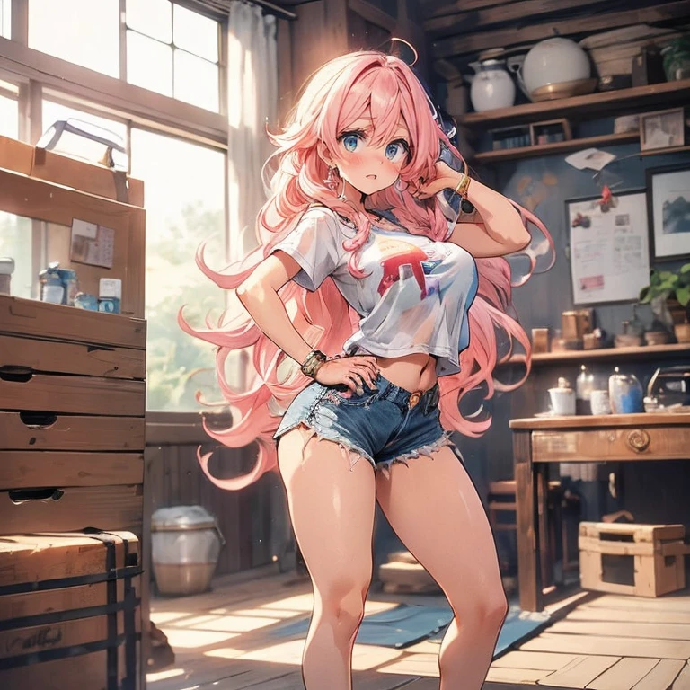 Anime Kawaii sexy Perfect Slim sensual body large breast and huge thighs, An intricate and highly detailed illustration of anime ( girl) living woman, very sensual, with funk girl clothes, Brazilian, Rio de Janeiro, dancing funk, rolling, big-ass, legs thick, wearing extremely short denim shorts, wearing a mini blouse, umbigo com pirsing, Nike sneakers, longye hair, Speaker behind, fully body, very realistic, extremely sexy, 8k, 8k extremamente detalhado), (an extremely delicate and beautiful), (Masterpiece artwork), (best qualityer: 1.0), (ultra high resolution:1.0)