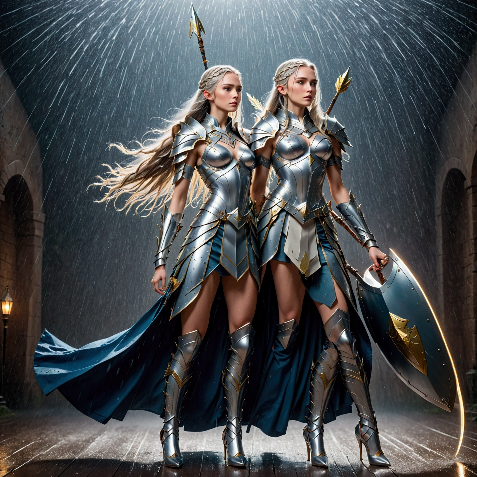 image of a {1elven stunning pose, WARRIOR, standing elegant still, photo_model pose, holding sword, bright shining(ARMOR AND SHIELD) royal regalia robe, perfect proportional anatomy, girl with high heels, silver long hair, multi braid hair, bright shining armor, rain of arrows, battlefight, UHD, intricate detailed, 8k, best quality ever, masterpiece, super detailed, unleashed creativity, beyond imagination, dramatic light, gradient motion color background}, rough, massive bright shining  light all over the background, arrows rain, weathered and textured, slow shutter speed motion photography, shot on Fuji Film XT4 camera f/1.5. ISO 200