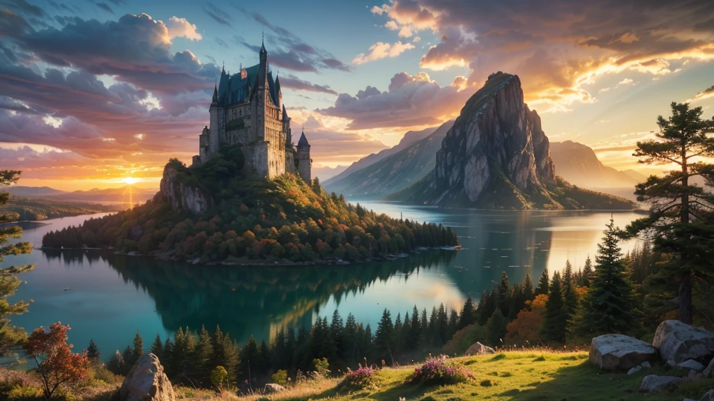 large glowing lake with island in the centre, fantasy fairytale tower on the island, in a valley with huge dramatic mountains towering in the distance,autumn,large ornamental lawns, rocks plants flowers shrubs trees moss lawns grass redwoods,sunset storm and strong sunbeams,very hazy,extreme details,photorealistic,4k,HD,beautiful,nature, dreamy,