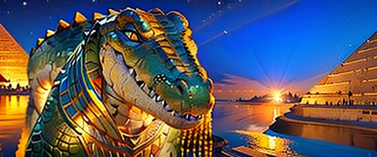 Crocodile goddess next to Egyptian pyramids at night, ultra realistic 2D digital art in Full HD super high quality