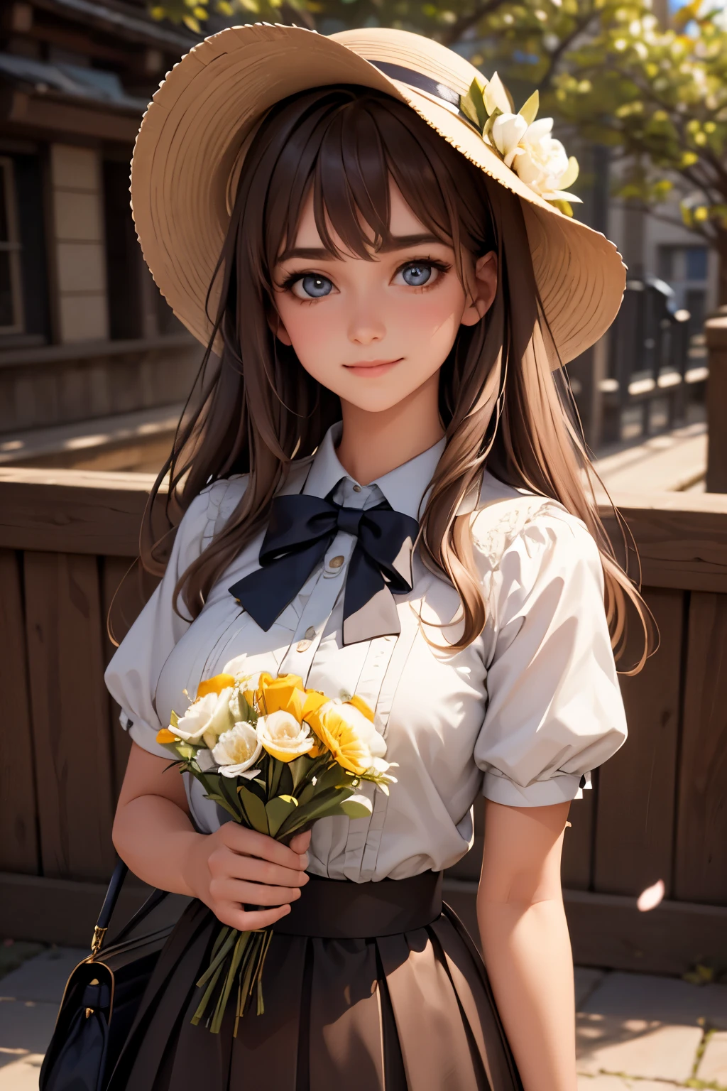 Medium view, medium shot, depth of field, bust, upper body, cinematic angle, masterpiece, best quality, super detailed, CG, 8K wallpaper, beautiful face, delicate eyes, a maiden, solo, smile, bangs, skirt, shirt, hat, dress, bow, petals, bouquet