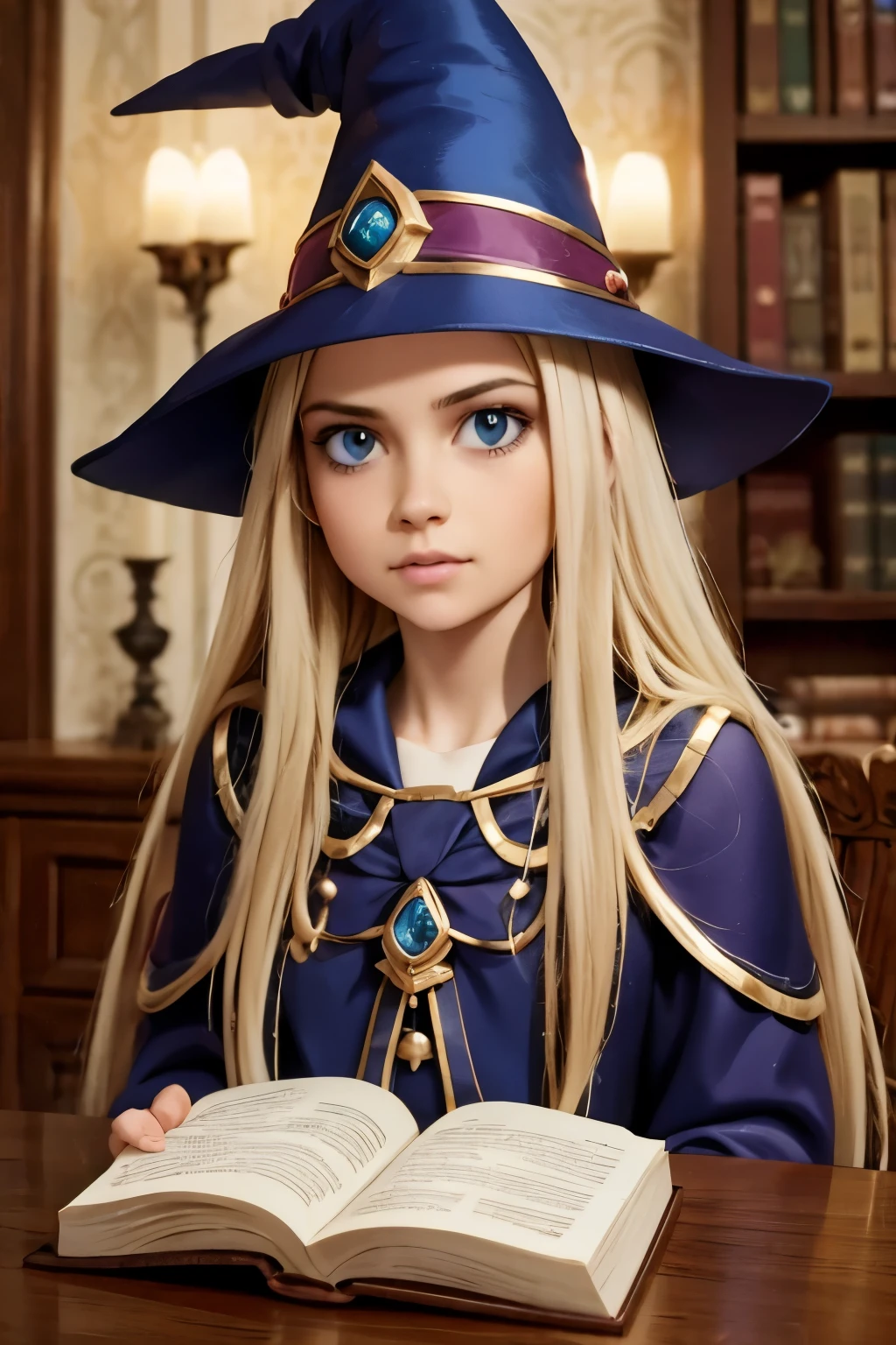 dark magician girl, masterpiece, best quality, (1girl), solo, (water), long hair, blonde hair, blue headwear, wizard hat, spell casting, castle, castle:2, motion blur, book, magic, (moonlight:1.2), chromatic aberration, depth of field, soft lighting, highly detailed face, highly detailed eyes, 