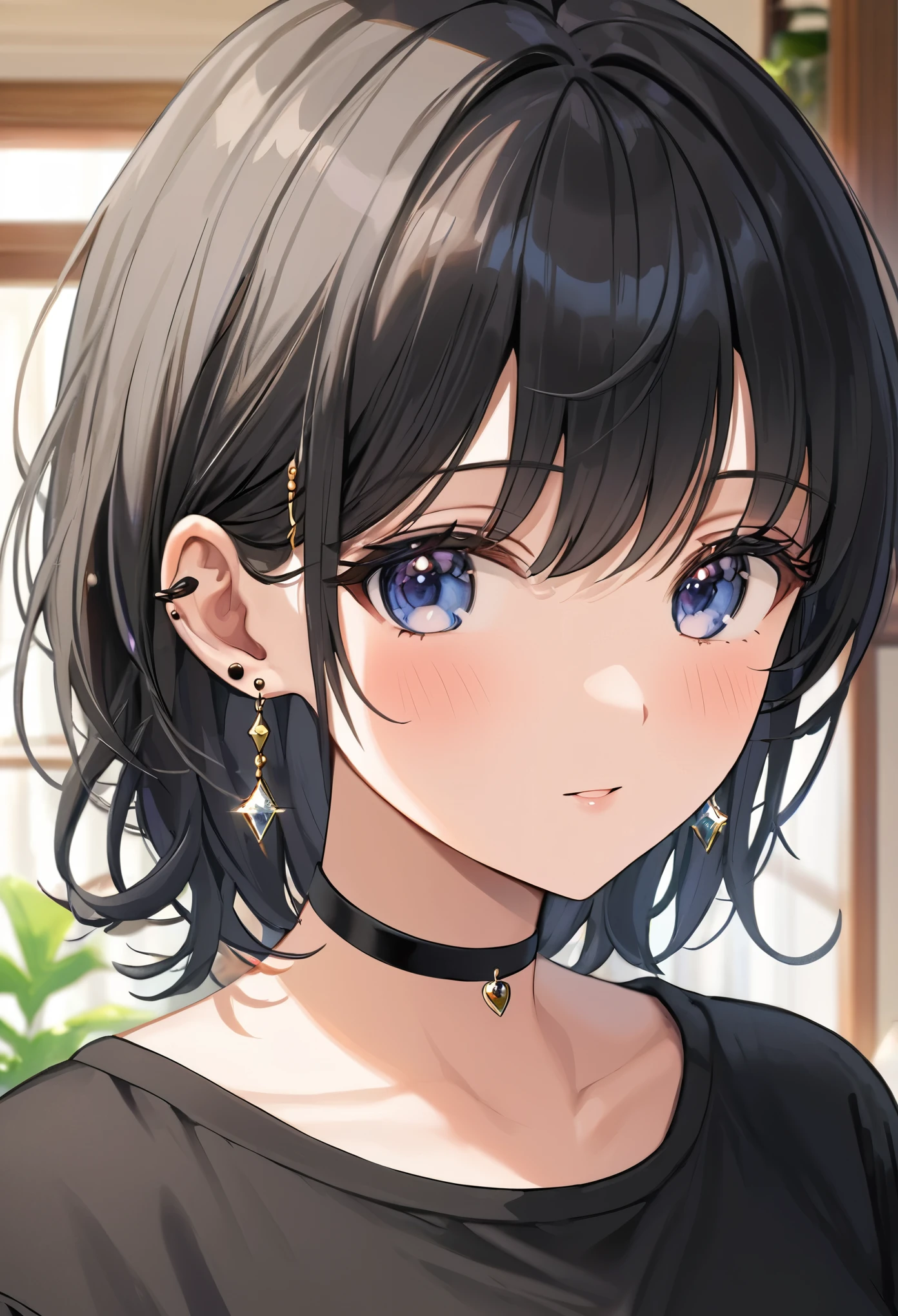 best quality, super_delicate, ultra detailed, beautiful, 8k , 1girl, milf, black hair, casual clothes, earrings, choker, indoor, bright, close up