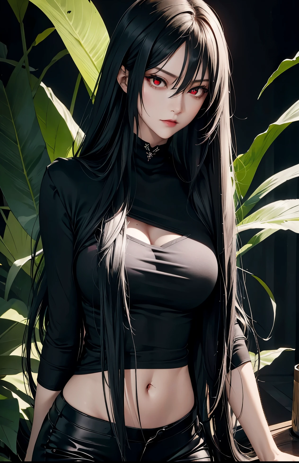 Woman with long hair straight, villain, high detailed, realistic, ultra realistic, black shirt and black skinny long pant, red eyes, green stinker in mouth, as poison