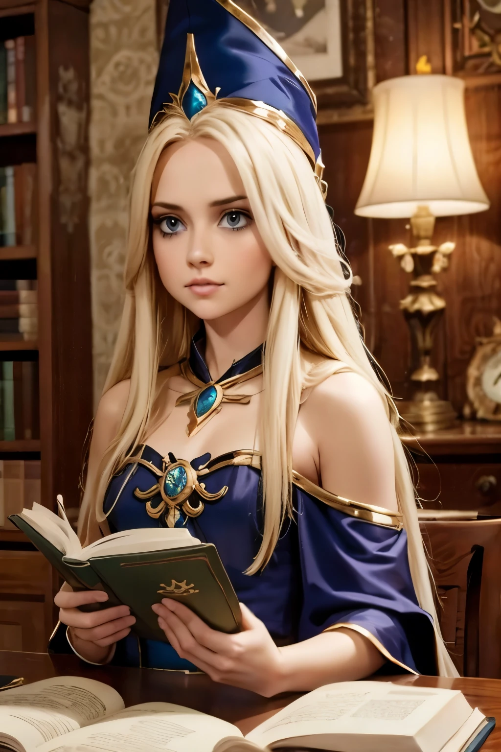 dark magician girl, masterpiece, best quality, (1girl), solo, (water), long hair, blonde hair, blue headwear, wizard hat, spell casting, castle, castle:2, motion blur, book, magic, (moonlight:1.2), chromatic aberration, depth of field, soft lighting, highly detailed face, highly detailed eyes, 