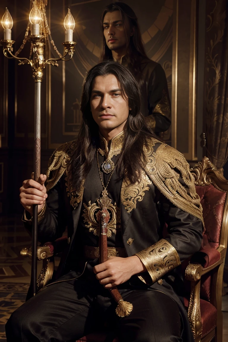high fantasy medieval king, young ambitious ruler, ornate throne, detailed portrait, dramatic lighting, richly textured clothing, intricate crown, regal bearing, strong chiaroscuro, cinematic composition, dramatic shadows, muted color palette, classical oil painting style, masterful rendering, photorealistic, 8k, best quality