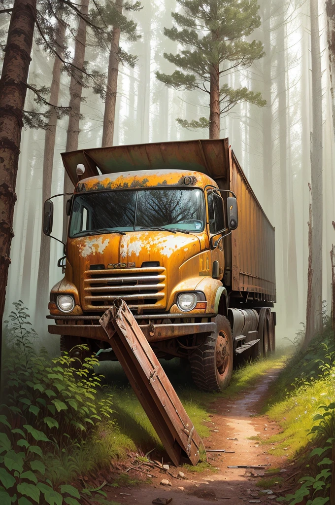 Painting of an old rusty truck in the forest,There are tires, Andrei Gordeev, Vadim Kashin. Surreal, 靈感來自Vadim Kashin, Alexei Egorov, abandoned vehicles, philip hodas art style, forgotten、lost in the forest, Busier Rutkoski Andreas Rocha, Highly detailed digital painting