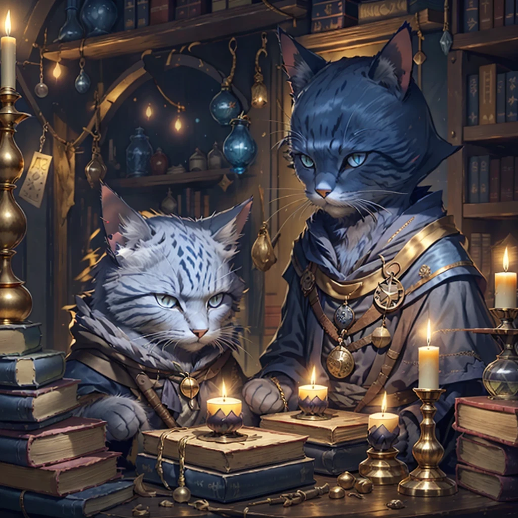 Dark Grey cat, dark blue eyes, short hair, short ears, blue wizard robes, gold wrist bands, holding a gold staff, library, candle light, potions on table