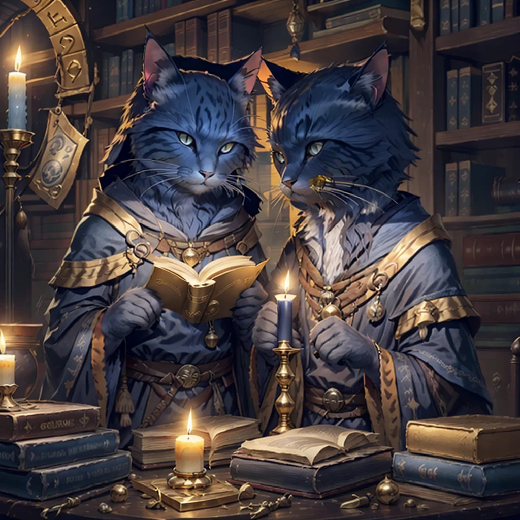 Dark Grey cat, dark blue eyes, short hair, short ears, blue wizard robes, gold wrist bands, holding a gold staff, library, candle light, potions on table