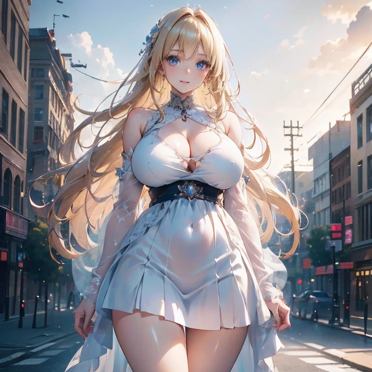 Anime Kawaii sexy Perfect Slim sensual body large breast and huge thighs, An intricate and highly detailed illustration of anime (Young girl) a beautiful young girl with long blonde hair, wearing a short dress, standing on a city street, gorgeous, high quality, pixiv style, (best quality,4k,8k,highres,masterpiece:1.2),ultra-detailed,(realistic,photorealistic,photo-realistic:1.37),HDR,UHD,studio lighting,ultra-fine painting,sharp focus,physically-based rendering,extreme detail description,professional,vivid colors,bokeh