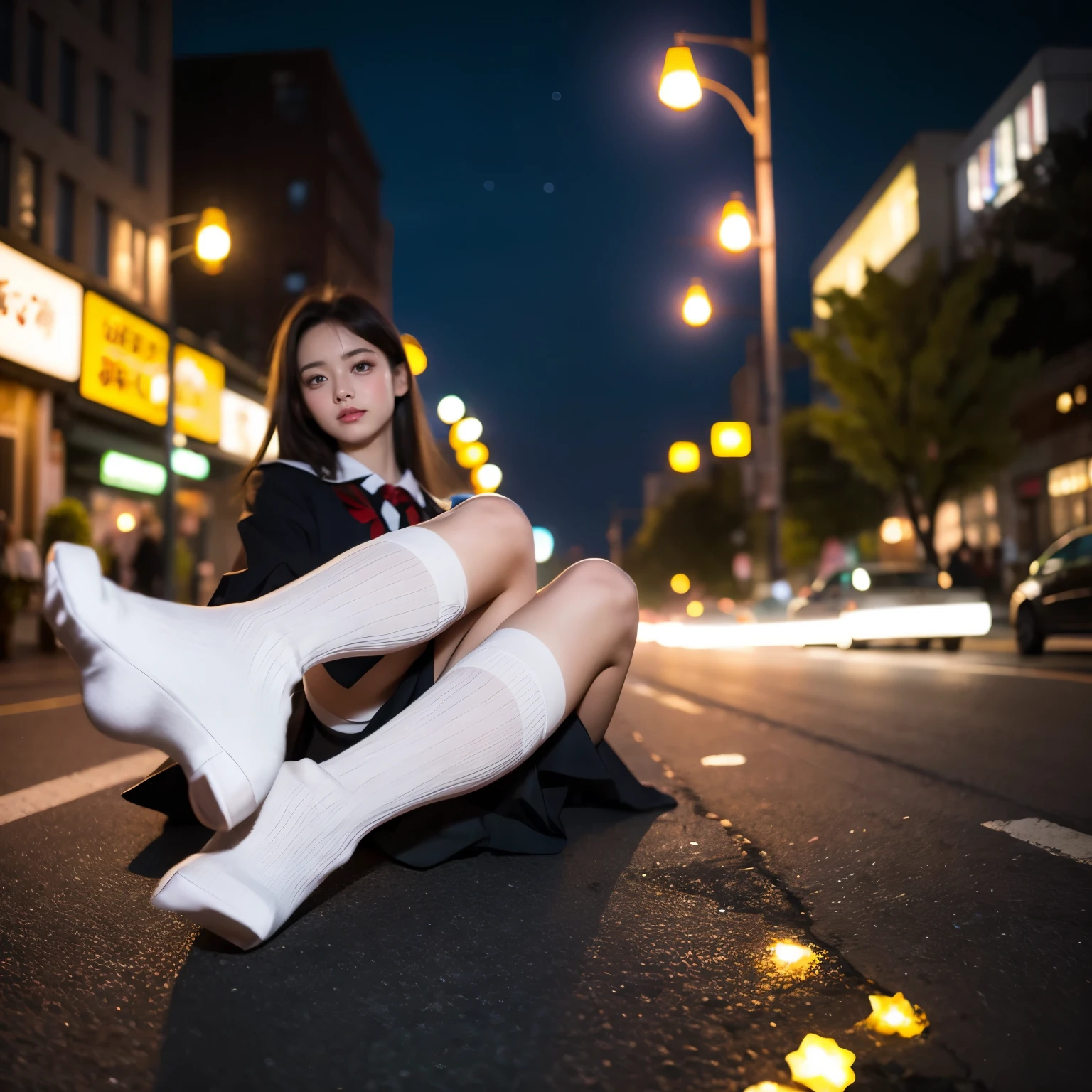 SFW, (Closeup from Crotch to Face) ExtremelyDetailed (SchoolGirl Lean against the Car) Spread Knees Up, perfect face, Brilliant(Tiny Crown), Detailed(Delicate Clothing textures) Sailor Uniform with Red Ribbon (((WhitePanties))), PerfectHand with Childish 4Fingers and one Thumb, Corrected Leg to Foot Line, ((Starry Colorful Lights at Dusk City)) ((Specular Reflection:1.32)Shiny Wet Road)Shiny Cars, ((Hidden Arm) Hidden Sole) Red[High-Heels], TopQuality 8K Ultra-detailed masterpiece (ProfessionalPhoto:1.37)(Acutance:0.8)