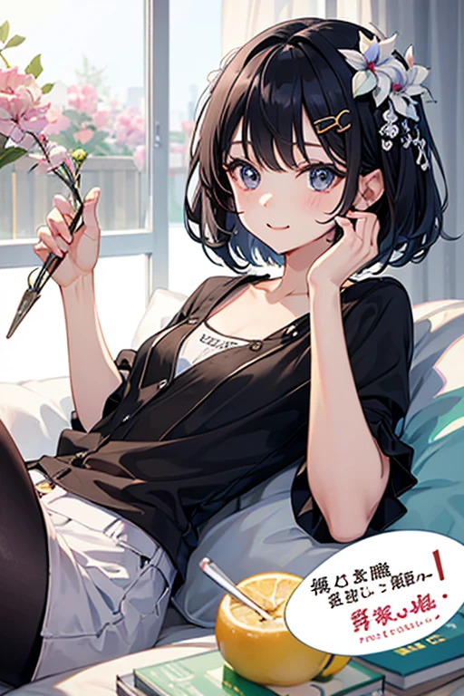 Highest quality、Black Hair、Iris、short hair、girl、cute、16 years old、、Small hair ornament、1 person、Date、A happy look、