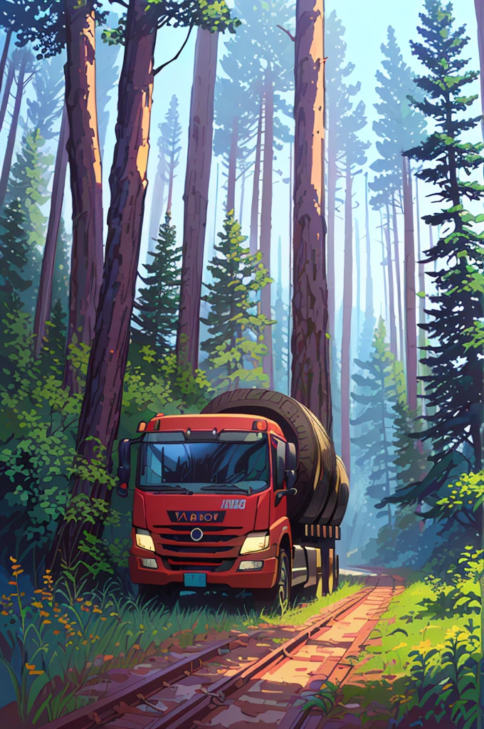 Painting of an old rusty truck in the forest,There are tires, Andrei Gordeev, Vadim Kashin. Surreal, 靈感來自Vadim Kashin, Alexei Egorov, abandoned vehicles, philip hodas art style, forgotten、lost in the forest, Busier Rutkoski Andreas Rocha, Highly detailed digital painting