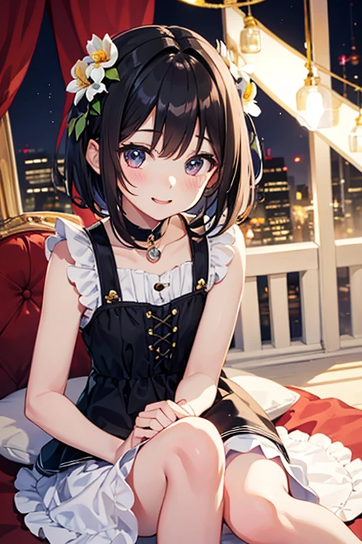 Highest quality、Black Hair、Iris、short hair、girl、cute、16 years old、、Small hair ornament、1 person、Sleeveless dress、A happy look、