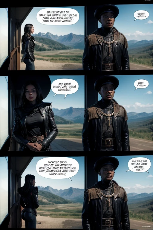 make a comic strip of 4 frames with blank speech bubbles, the setting would be in the backlands, black characters and a man and a woman are in dialogue 