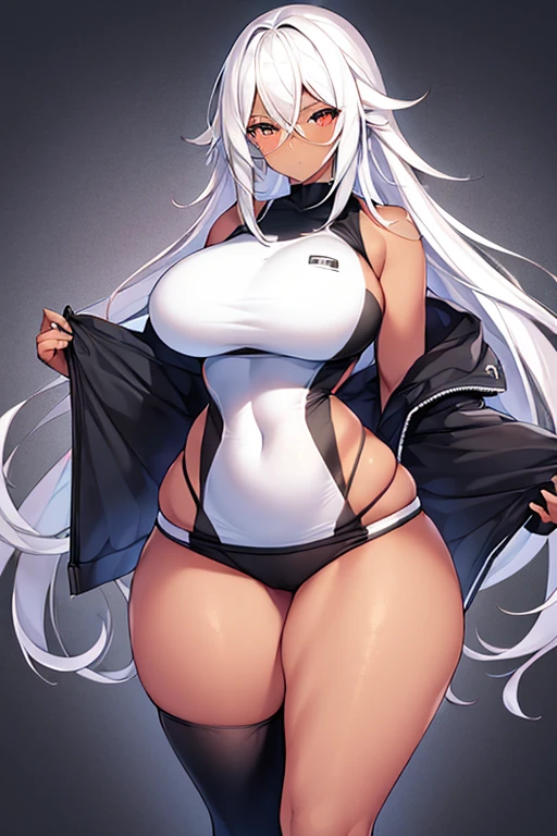 1girl, dark skin, black skin, dark-skinned female, white hair, long hair, large breasts, wide hips, thick thighs, sportswear, shy, timid, blushing, sportswear, sports bra, hourglass figure, mature female, skin tight, tight clothes, jacket, cropped jacket