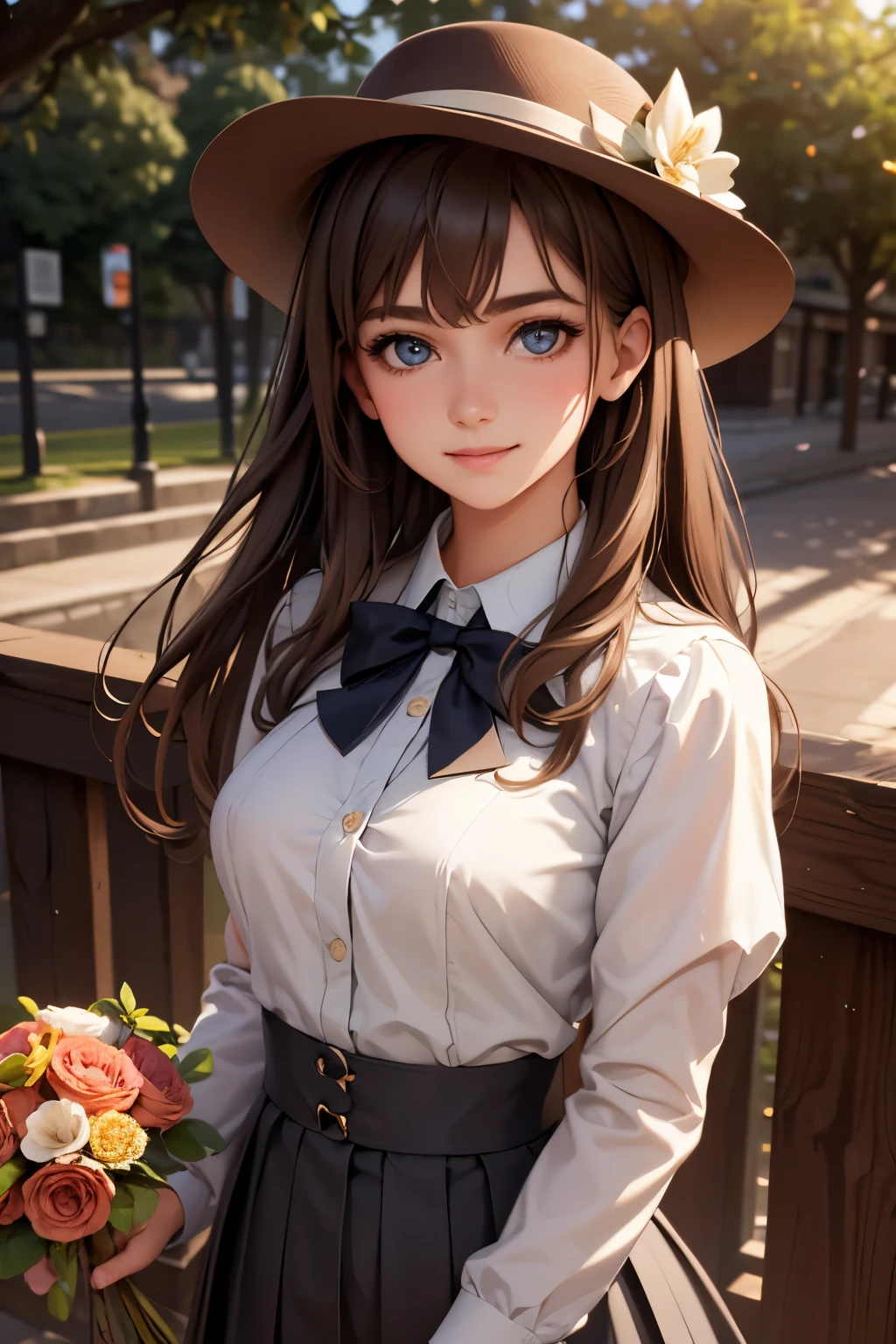 Medium view, medium shot, depth of field, bust, upper body, cinematic angle, masterpiece, best quality, super detailed, CG, 8K wallpaper, beautiful face, delicate eyes, a maiden, solo, smile, bangs, skirt, shirt, hat, dress, bow, petals, bouquet