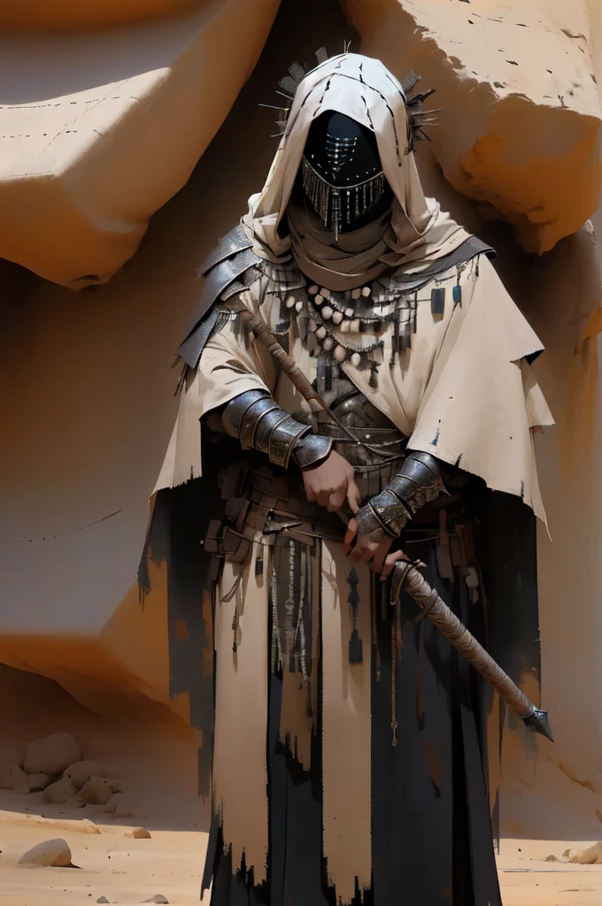 a person in the desert, wearing tattered robes, has a black mask with a chain veil attached to it that completely conceals face, wears a cowl, has torn and tattered robes underneath scrappy leather armor, tattered shoulder cape similar to a simar, leather wrap bracers around forearms, metal quarterstaff, lone wanderer, cel shading, line art, anime styling