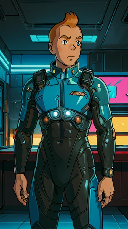 (Teens:1male: Tintin), (extremely detailed CG unit 8k wallpaper),(master part), (best quality), (ultra detail), (best illustration),(Cyberpunk Bodysuit), cowboy shot, (Sharp eyeliner, ombre, detailed eyes:1), dark neon light cyberpunk indoors background, ,break , (ghibli style), upper body