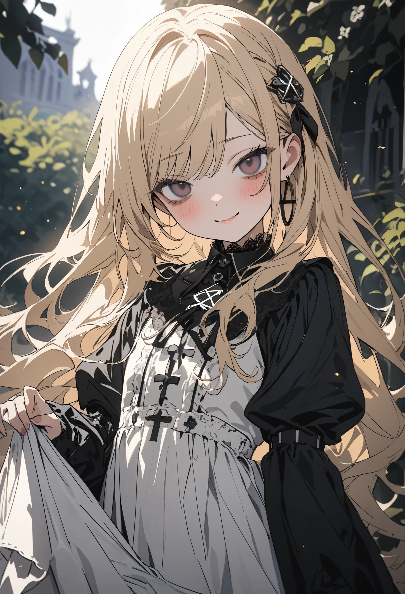 ((Masterpiece)), ((best quality)), (super detail:1.2), (High Definition:1.3), ((extremely detailed)), (8K), (Professional Photography:1.2), (very aesthetic:1.2), (absurdres:1.2), (sharp focus), (perfect light), ((kawaii)), (flat color), (flat shading), (drop shadow), (wide shot), ((12 years old)), ((1 princess)), Textured skin, ((Beautiful Gothic Lolita white Dresses)), upside-down cross motif, (very hoop-dress), ((Luxury cross motif embroidery)), (intricate lace details), Victorian-style collar, cute innocent young girl, BREAK, ((loose swept bangs)), Slender body, small chest, (long silky blond hair), (gothic lolita makeup), cute cheeks, glossy lips, pouty lips, ((bags under the eyes)), lower eyelashes, beautiful hair, ((smug)), blush, Light particles, ((Lift the skirt with hand)), mysterious and elegant, in beautiful Fantastic garden, (inverted pentagram symbol), (detailed background:1.2), newest, ((best quality)),